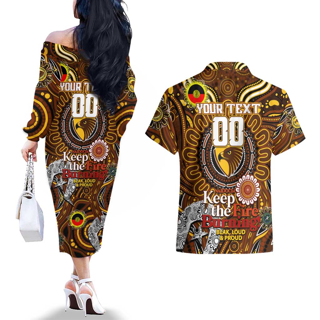 Custom Hawthorn Hawks NAIDOC Week 2024 Couples Matching Off The Shoulder Long Sleeve Dress and Hawaiian Shirt Mascot Football