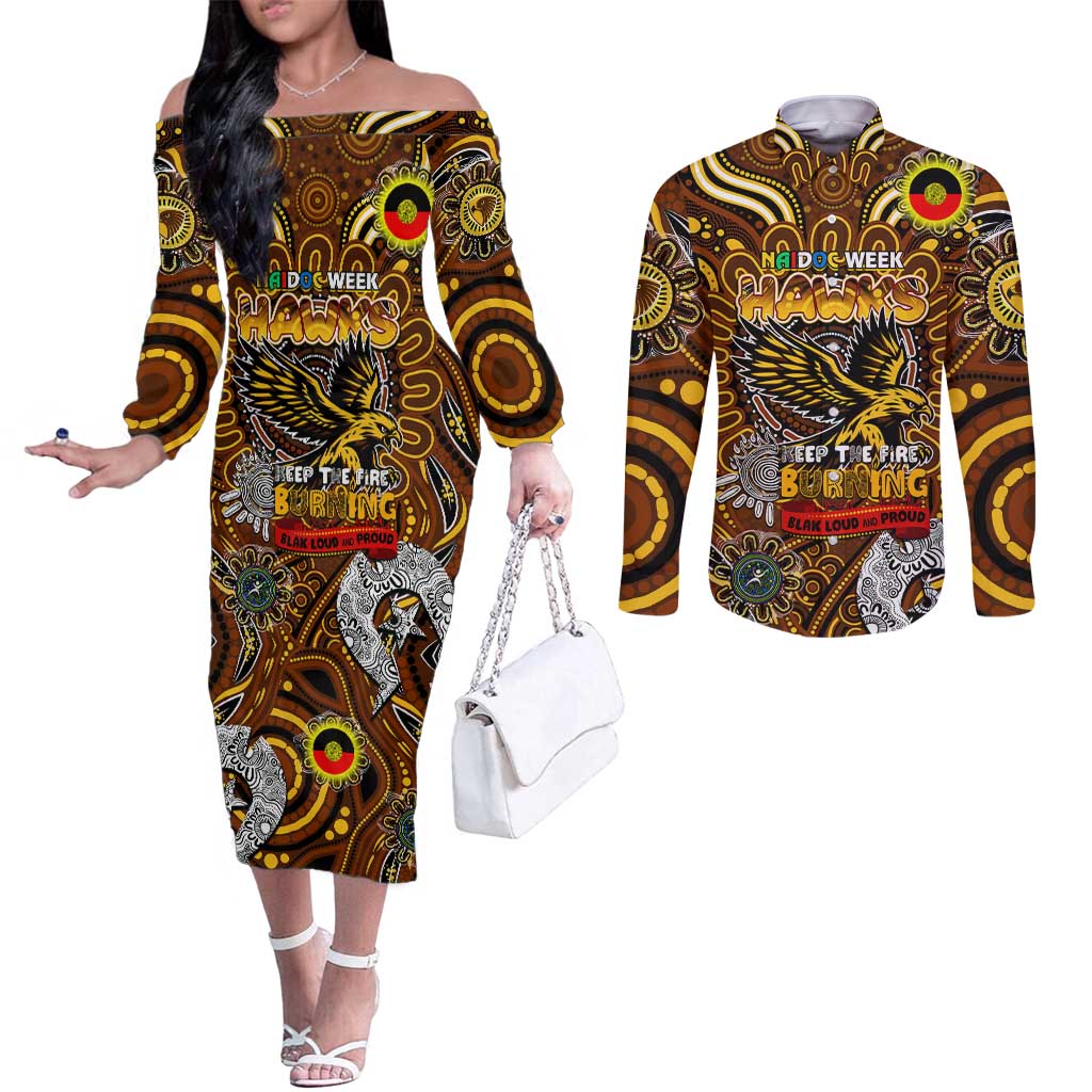 Custom Hawthorn Hawks NAIDOC Week 2024 Couples Matching Off The Shoulder Long Sleeve Dress and Long Sleeve Button Shirt Mascot Football