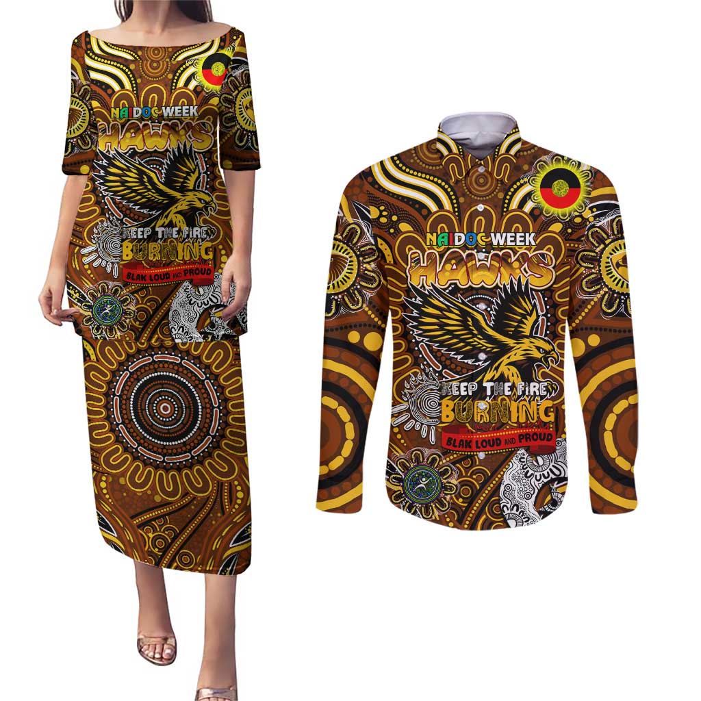 Custom Hawthorn Hawks NAIDOC Week 2024 Couples Matching Puletasi and Long Sleeve Button Shirt Mascot Football