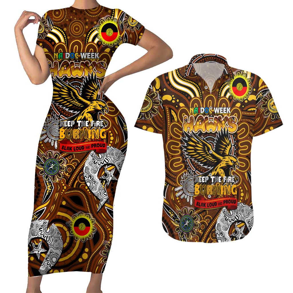 Custom Hawthorn Hawks NAIDOC Week 2024 Couples Matching Short Sleeve Bodycon Dress and Hawaiian Shirt Mascot Football