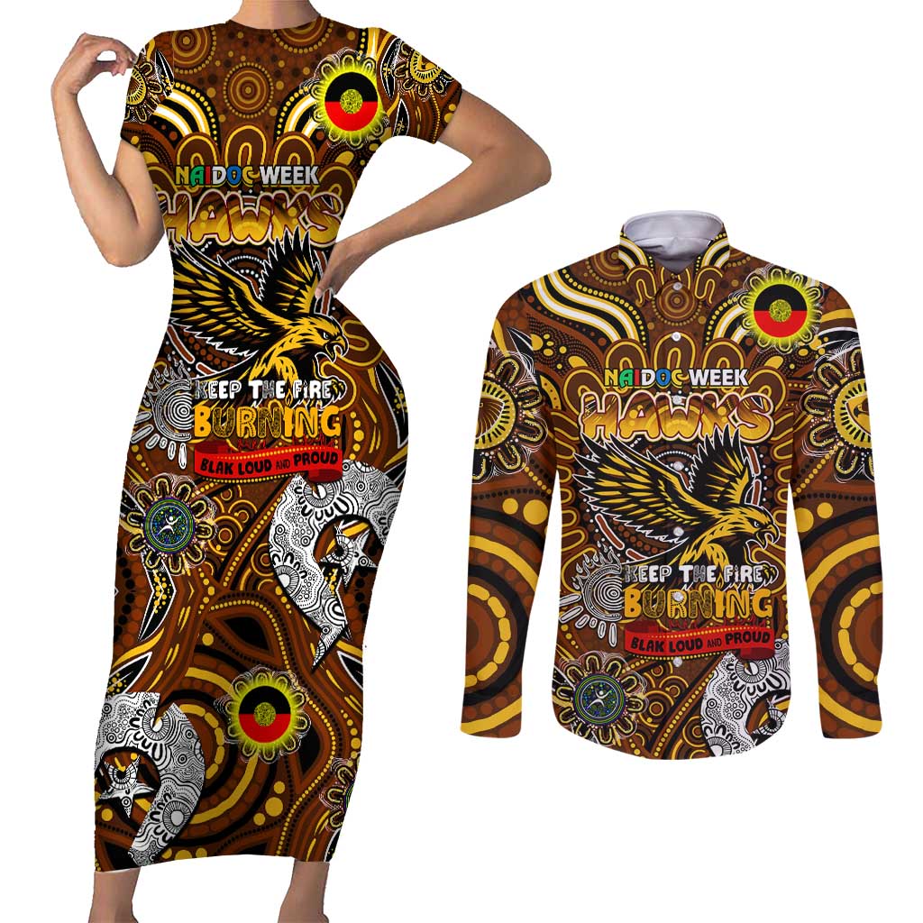 Custom Hawthorn Hawks NAIDOC Week 2024 Couples Matching Short Sleeve Bodycon Dress and Long Sleeve Button Shirt Mascot Football