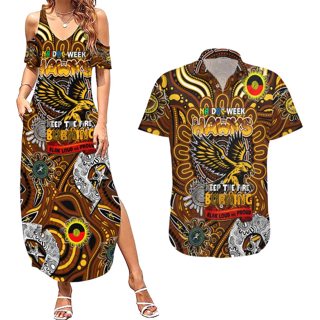 Custom Hawthorn Hawks NAIDOC Week 2024 Couples Matching Summer Maxi Dress and Hawaiian Shirt Mascot Football