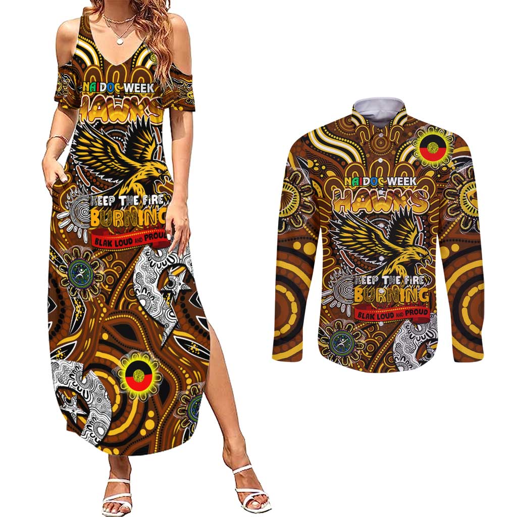 Custom Hawthorn Hawks NAIDOC Week 2024 Couples Matching Summer Maxi Dress and Long Sleeve Button Shirt Mascot Football