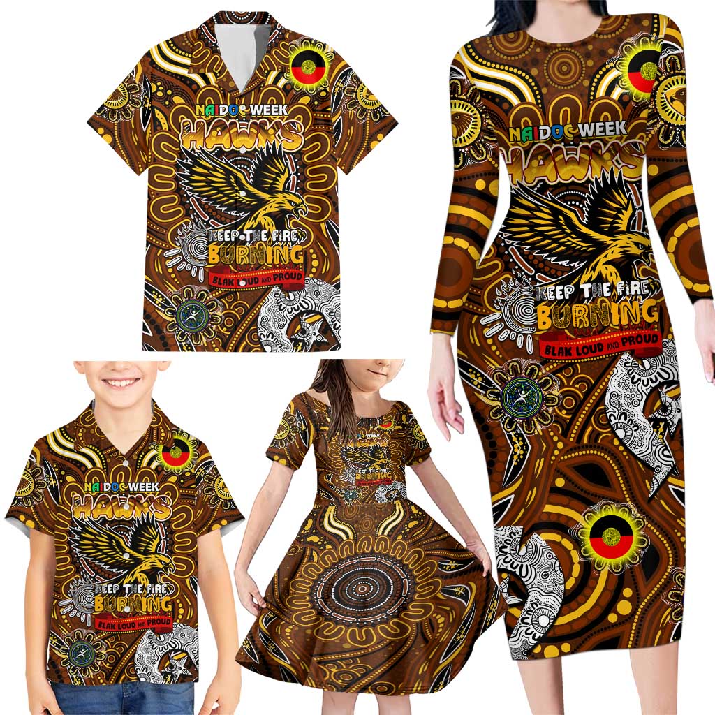 Custom Hawthorn Hawks NAIDOC Week 2024 Family Matching Long Sleeve Bodycon Dress and Hawaiian Shirt Mascot Football