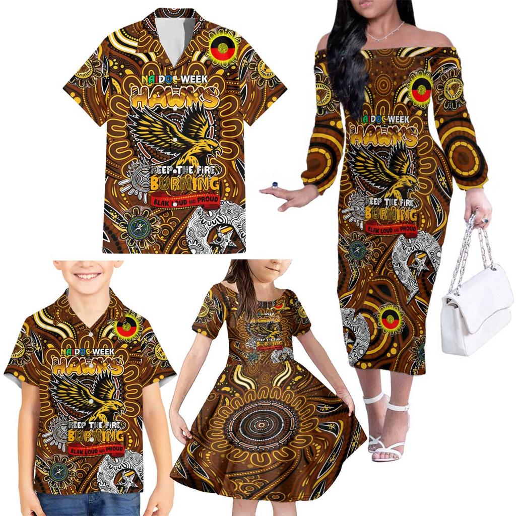 Custom Hawthorn Hawks NAIDOC Week 2024 Family Matching Off The Shoulder Long Sleeve Dress and Hawaiian Shirt Mascot Football