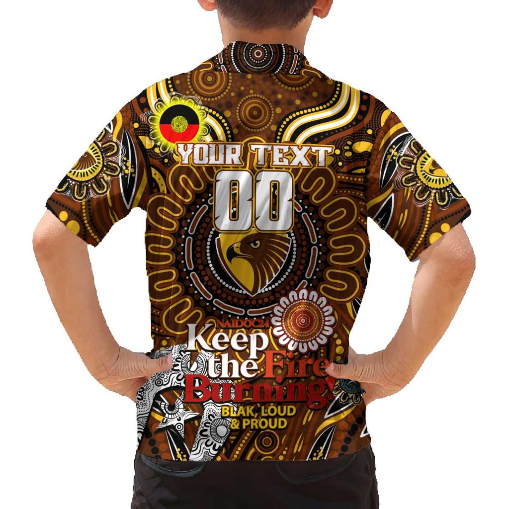 Custom Hawthorn Hawks NAIDOC Week 2024 Family Matching Off The Shoulder Long Sleeve Dress and Hawaiian Shirt Mascot Football
