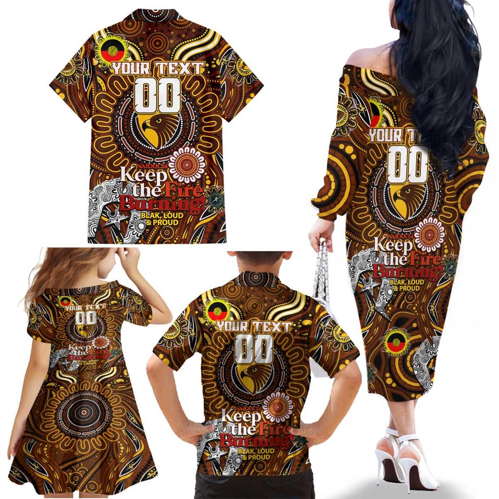 Custom Hawthorn Hawks NAIDOC Week 2024 Family Matching Off The Shoulder Long Sleeve Dress and Hawaiian Shirt Mascot Football