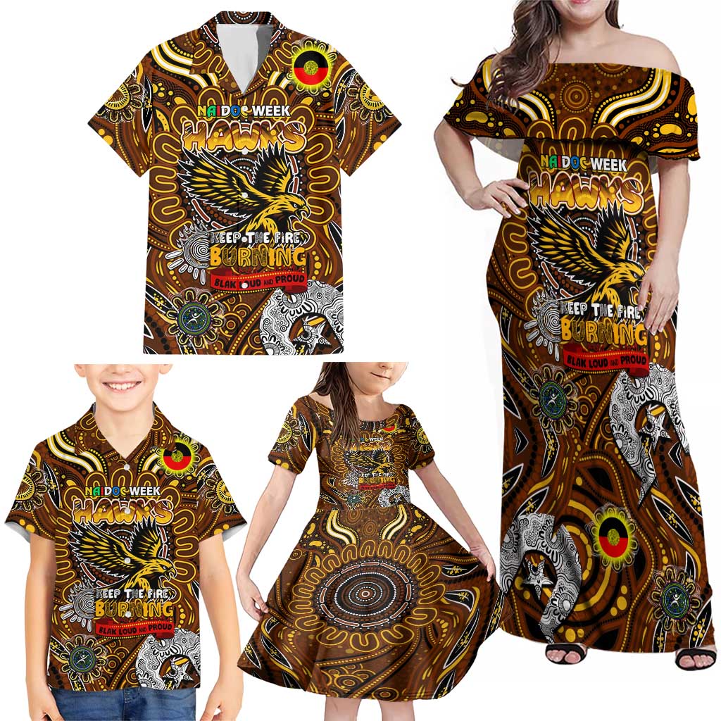 Custom Hawthorn Hawks NAIDOC Week 2024 Family Matching Off Shoulder Maxi Dress and Hawaiian Shirt Mascot Football