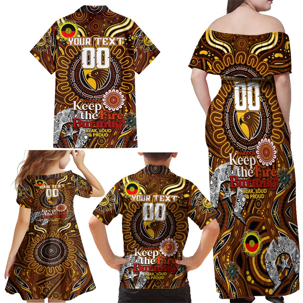 Custom Hawthorn Hawks NAIDOC Week 2024 Family Matching Off Shoulder Maxi Dress and Hawaiian Shirt Mascot Football