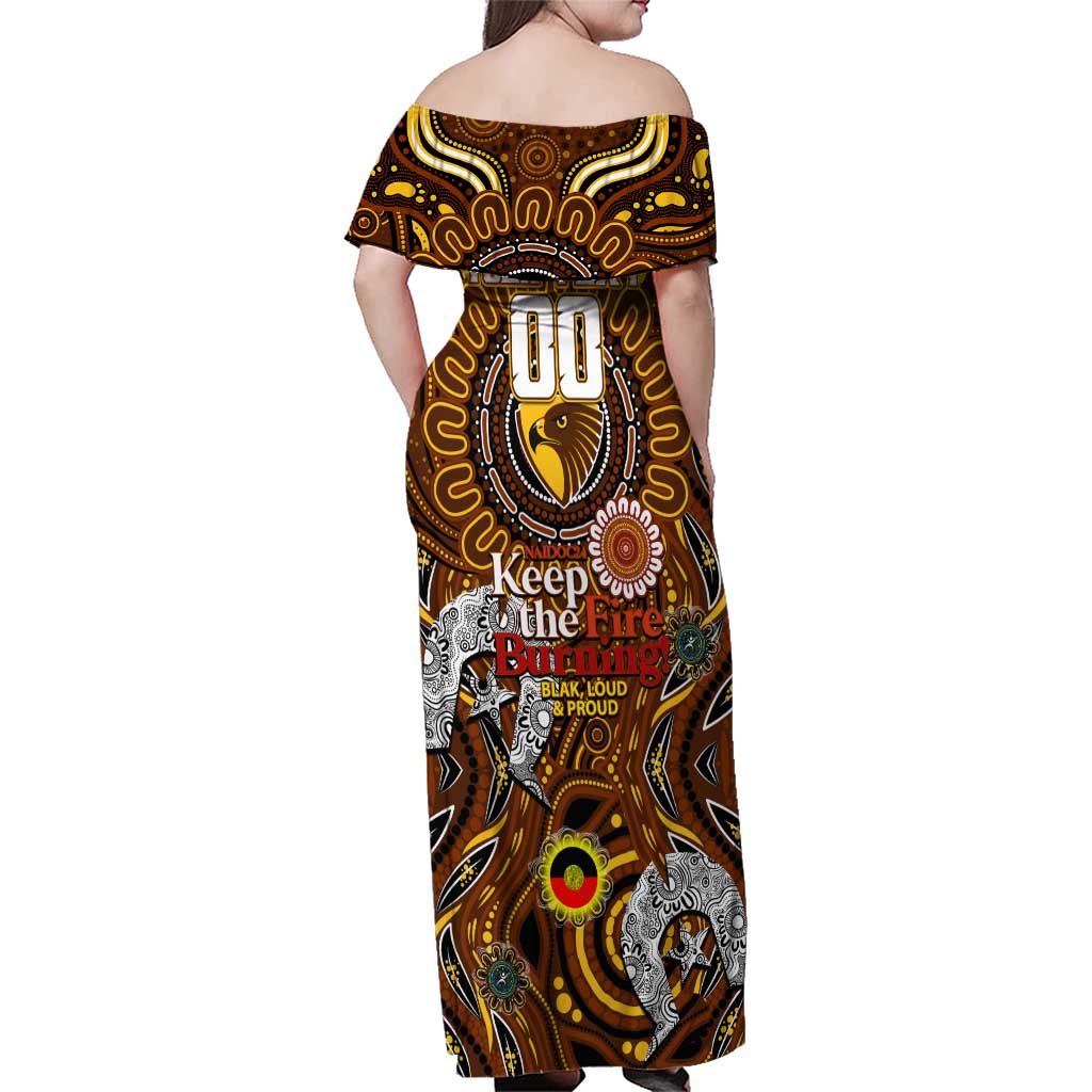Custom Hawthorn Hawks NAIDOC Week 2024 Family Matching Off Shoulder Maxi Dress and Hawaiian Shirt Mascot Football