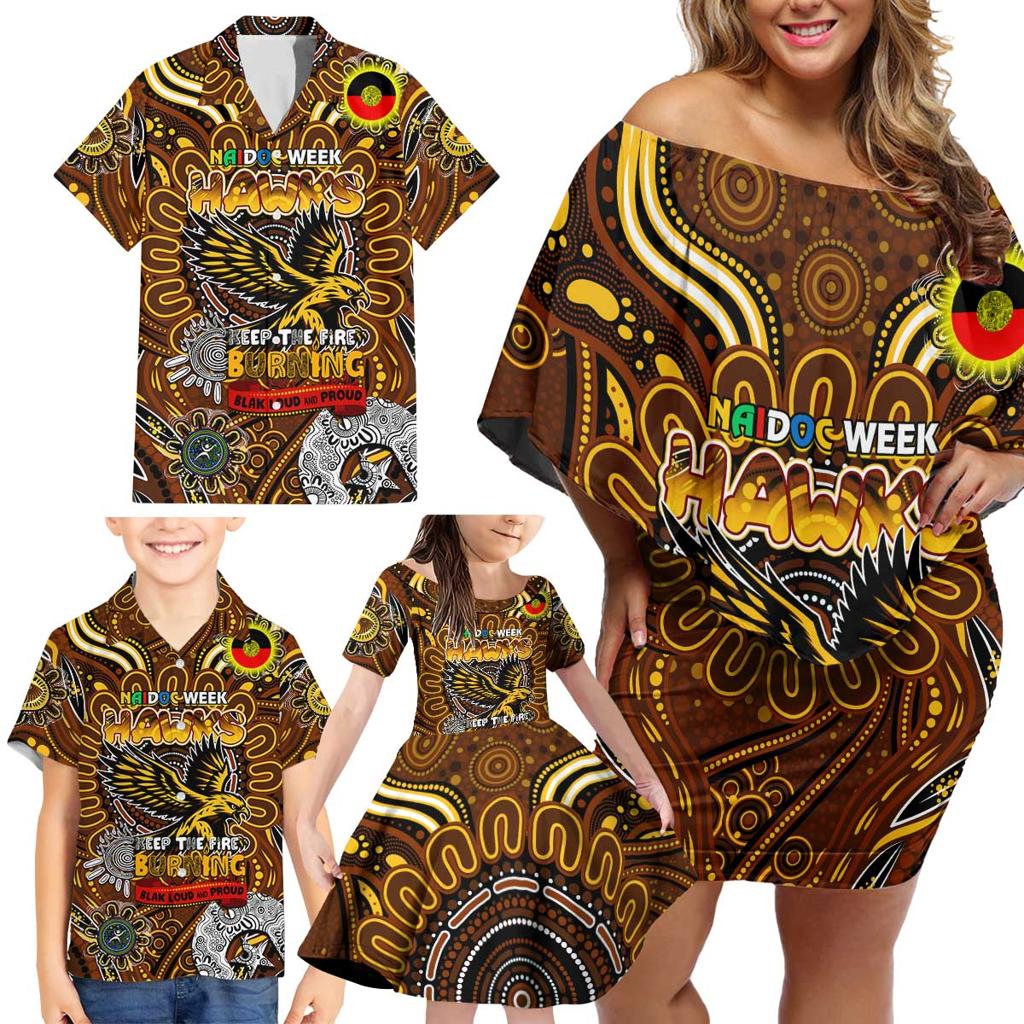 Custom Hawthorn Hawks NAIDOC Week 2024 Family Matching Off Shoulder Short Dress and Hawaiian Shirt Mascot Football