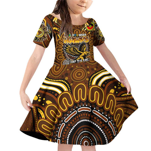 Custom Hawthorn Hawks NAIDOC Week 2024 Family Matching Off Shoulder Short Dress and Hawaiian Shirt Mascot Football