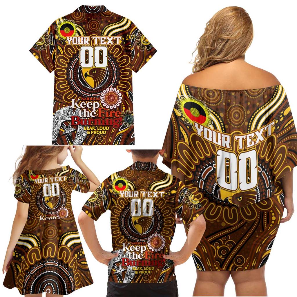 Custom Hawthorn Hawks NAIDOC Week 2024 Family Matching Off Shoulder Short Dress and Hawaiian Shirt Mascot Football