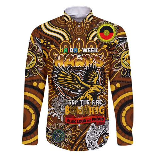 Custom Hawthorn Hawks NAIDOC Week 2024 Family Matching Off Shoulder Short Dress and Hawaiian Shirt Mascot Football