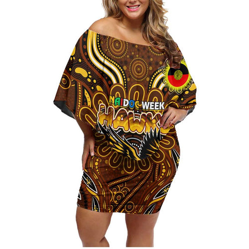 Custom Hawthorn Hawks NAIDOC Week 2024 Family Matching Off Shoulder Short Dress and Hawaiian Shirt Mascot Football
