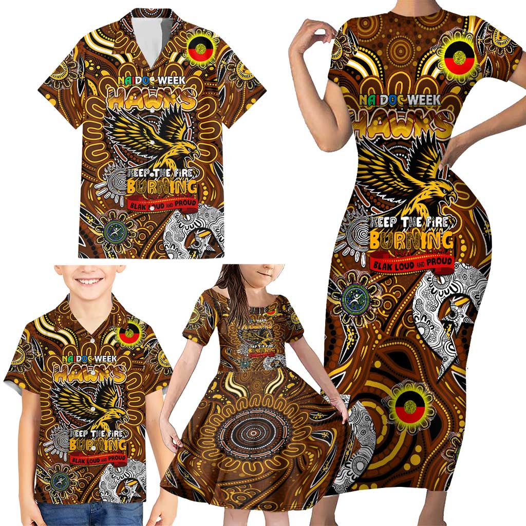 Custom Hawthorn Hawks NAIDOC Week 2024 Family Matching Short Sleeve Bodycon Dress and Hawaiian Shirt Mascot Football