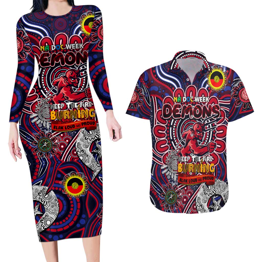 Custom Melbourne Demons NAIDOC Week 2024 Couples Matching Long Sleeve Bodycon Dress and Hawaiian Shirt Mascot Football