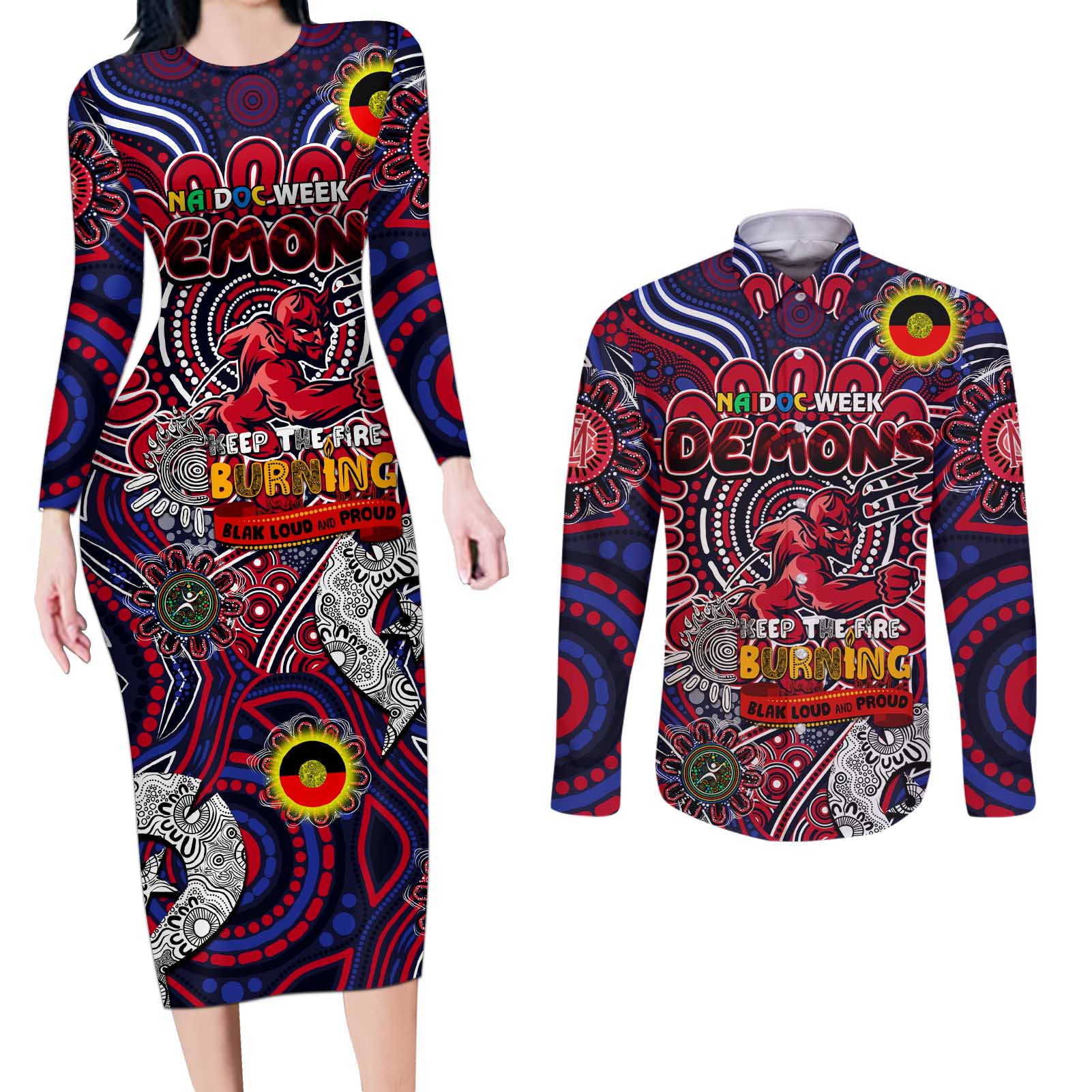 Custom Melbourne Demons NAIDOC Week 2024 Couples Matching Long Sleeve Bodycon Dress and Long Sleeve Button Shirt Mascot Football