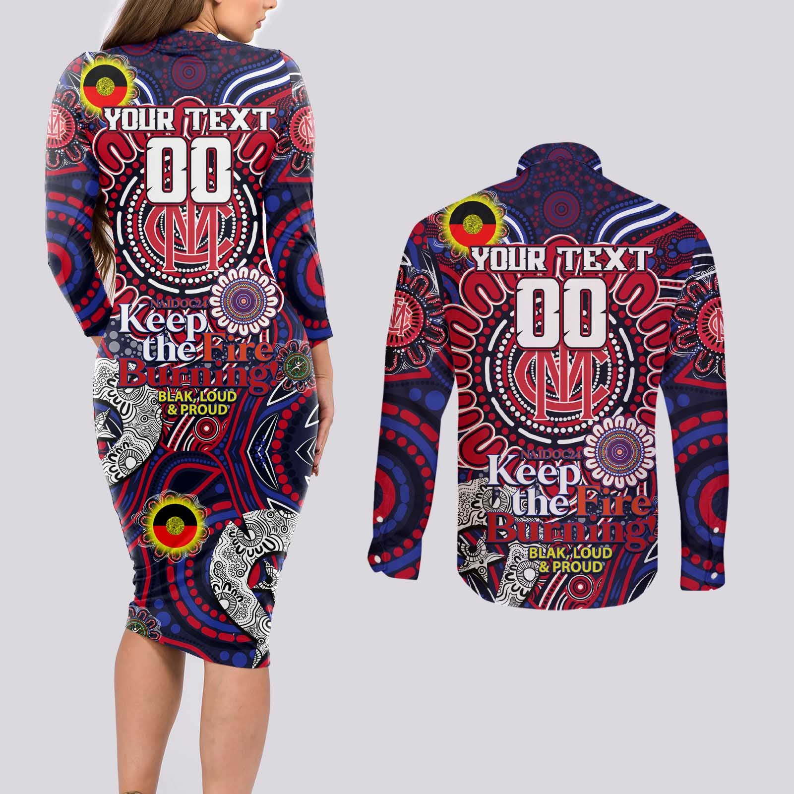 Custom Melbourne Demons NAIDOC Week 2024 Couples Matching Long Sleeve Bodycon Dress and Long Sleeve Button Shirt Mascot Football
