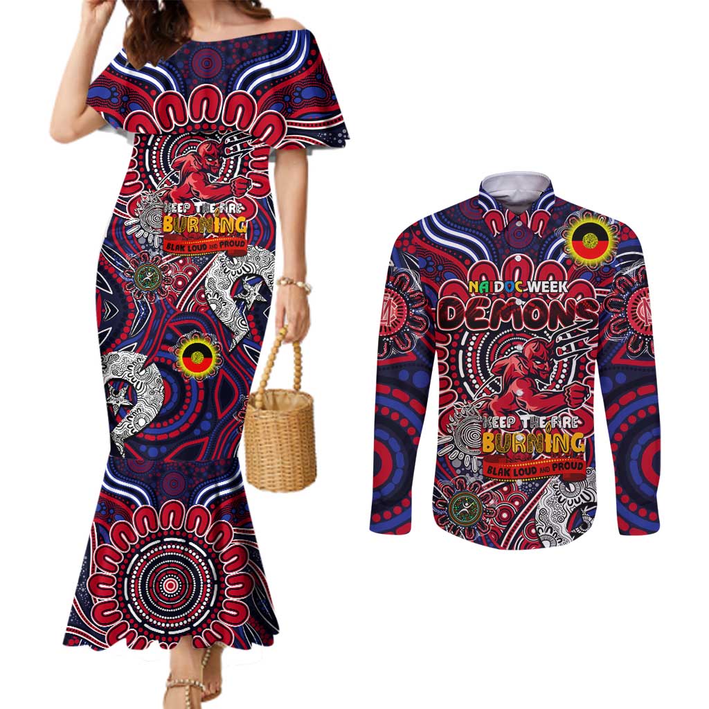 Custom Melbourne Demons NAIDOC Week 2024 Couples Matching Mermaid Dress and Long Sleeve Button Shirt Mascot Football