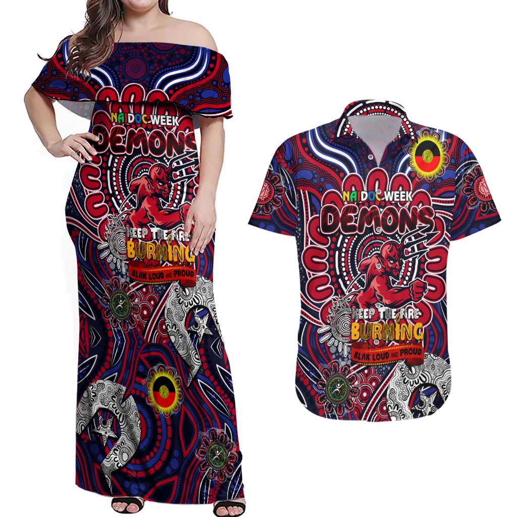 Custom Melbourne Demons NAIDOC Week 2024 Couples Matching Off Shoulder Maxi Dress and Hawaiian Shirt Mascot Football