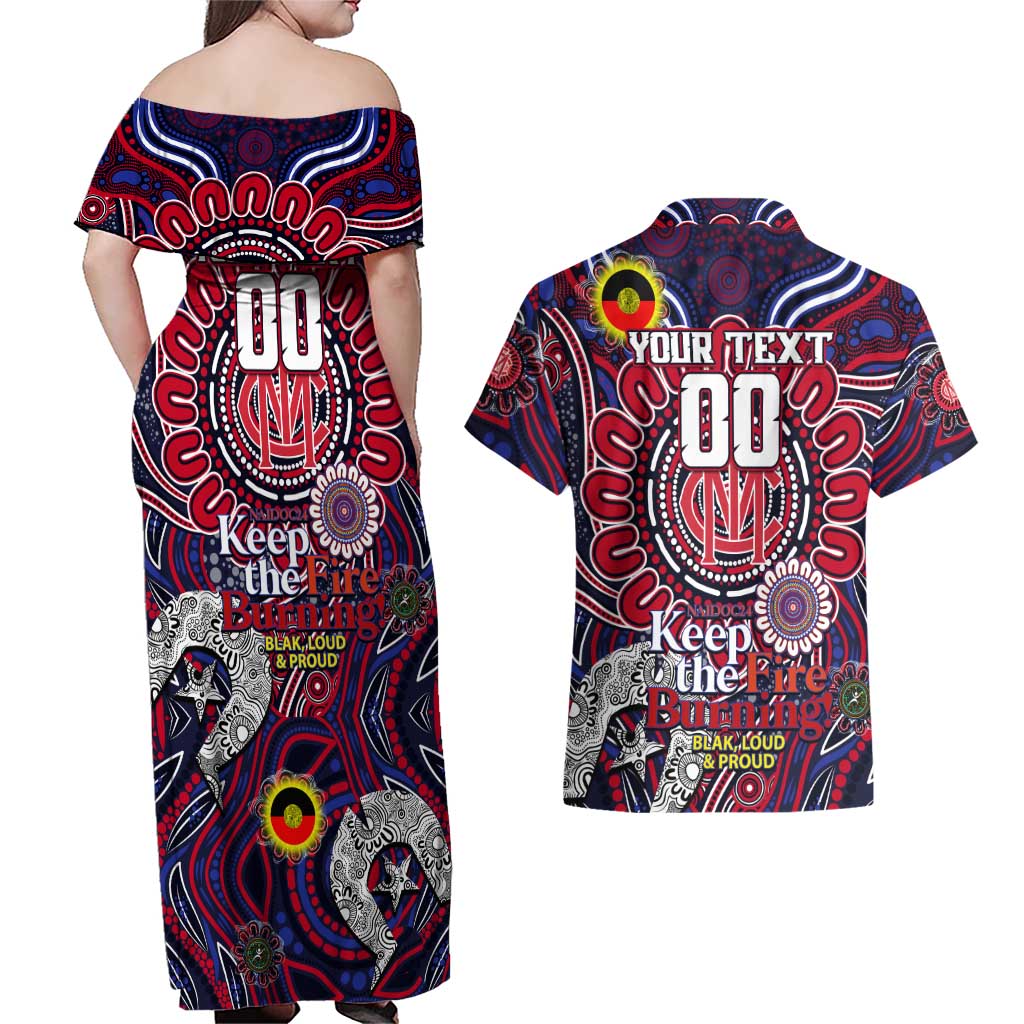 Custom Melbourne Demons NAIDOC Week 2024 Couples Matching Off Shoulder Maxi Dress and Hawaiian Shirt Mascot Football