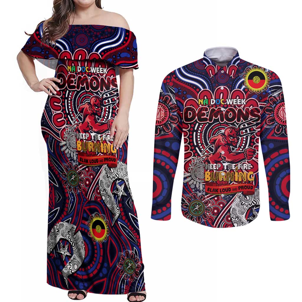 Custom Melbourne Demons NAIDOC Week 2024 Couples Matching Off Shoulder Maxi Dress and Long Sleeve Button Shirt Mascot Football