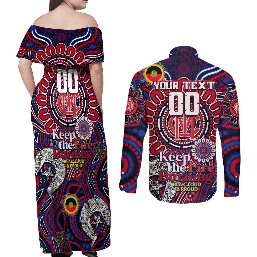 Custom Melbourne Demons NAIDOC Week 2024 Couples Matching Off Shoulder Maxi Dress and Long Sleeve Button Shirt Mascot Football