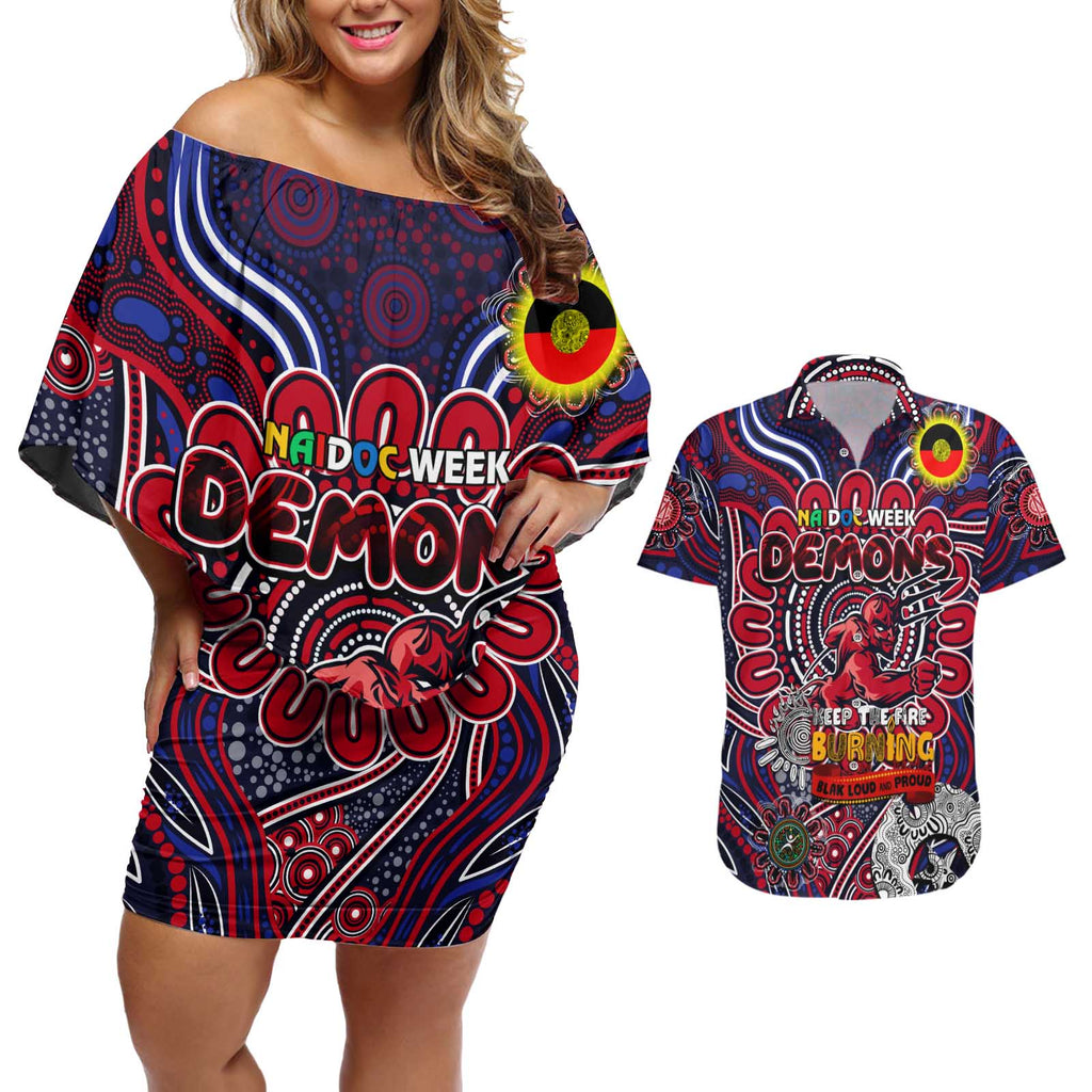Custom Melbourne Demons NAIDOC Week 2024 Couples Matching Off Shoulder Short Dress and Hawaiian Shirt Mascot Football