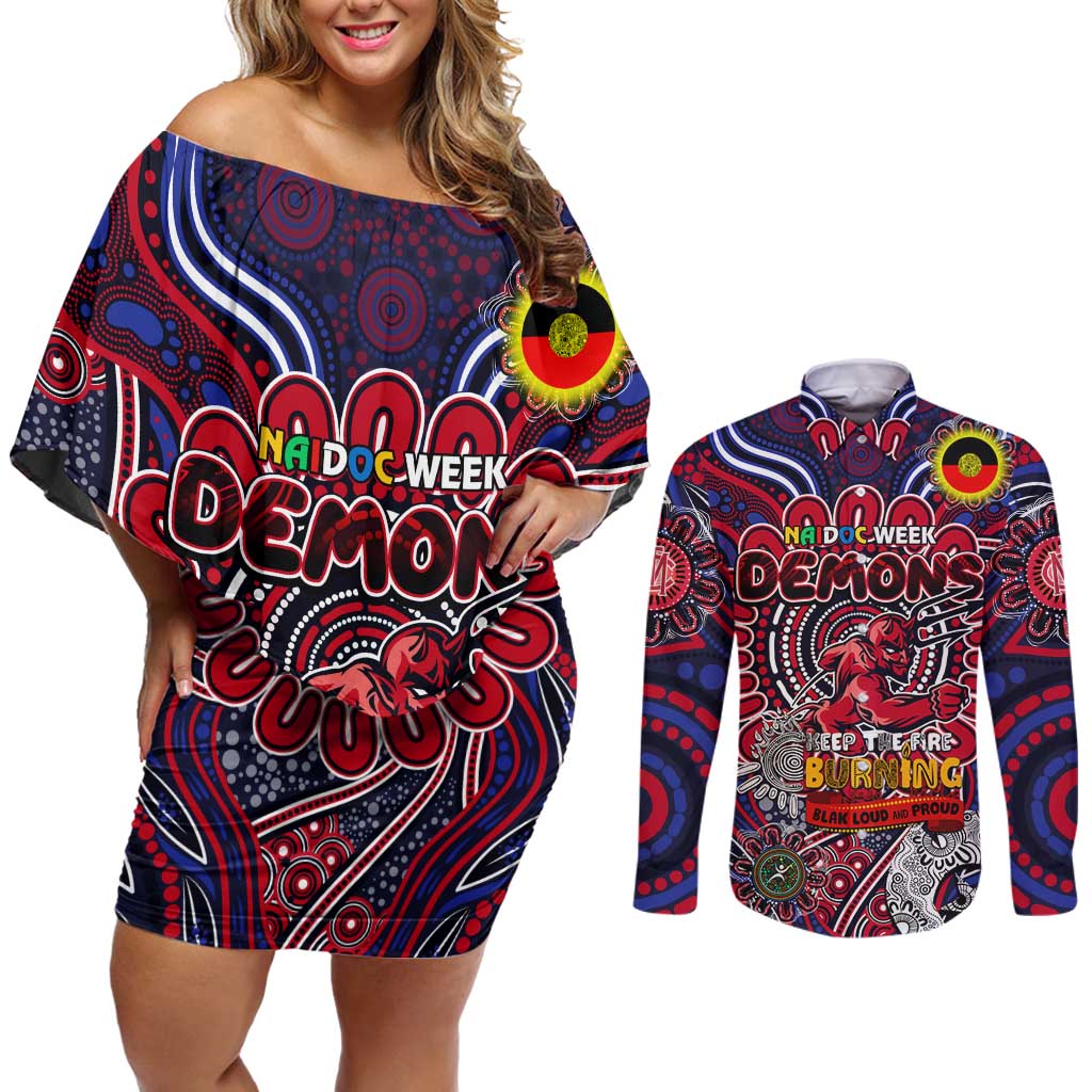 Custom Melbourne Demons NAIDOC Week 2024 Couples Matching Off Shoulder Short Dress and Long Sleeve Button Shirt Mascot Football