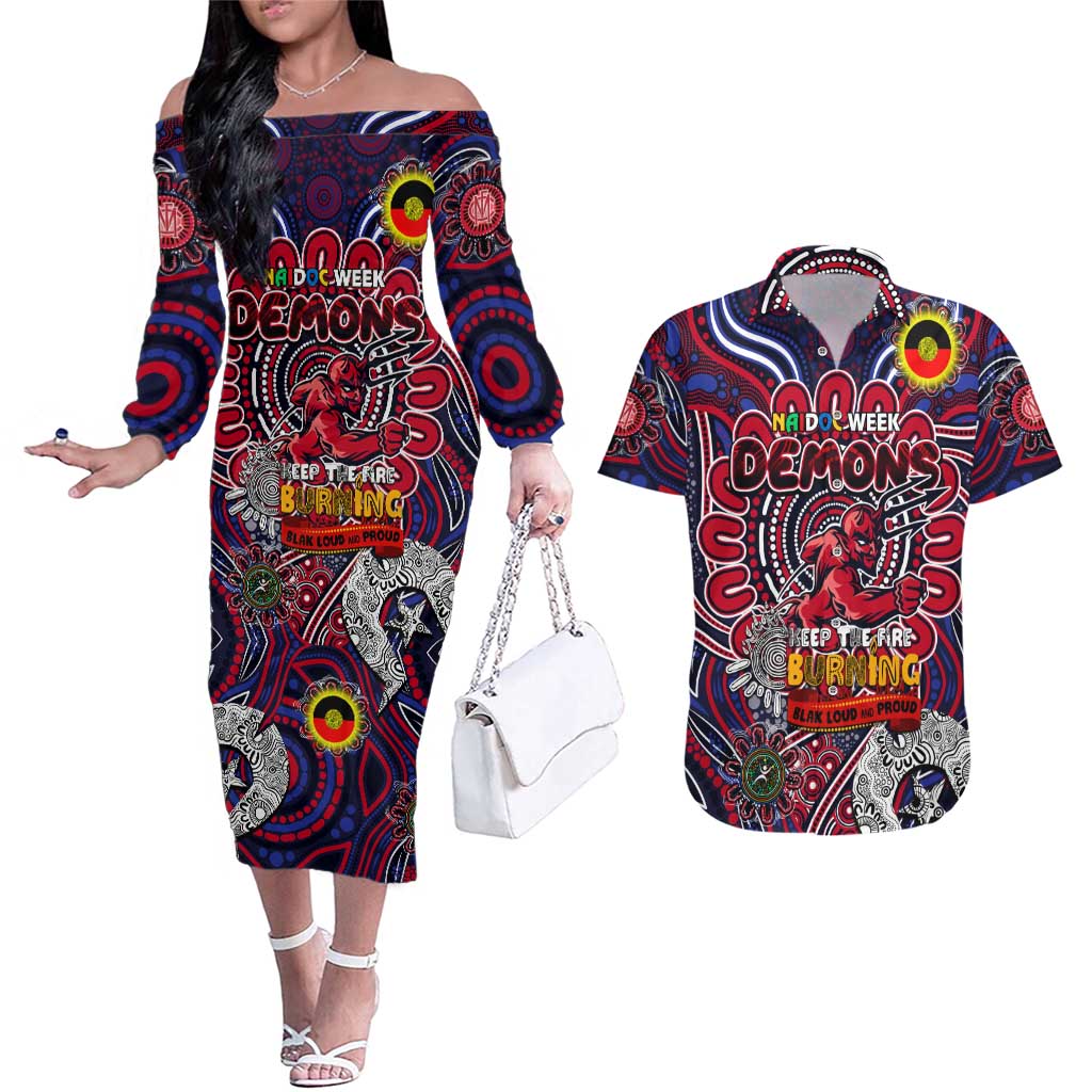 Custom Melbourne Demons NAIDOC Week 2024 Couples Matching Off The Shoulder Long Sleeve Dress and Hawaiian Shirt Mascot Football