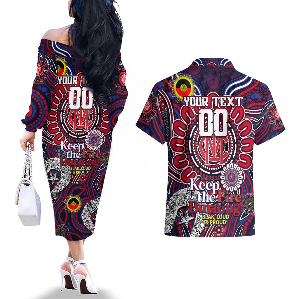 Custom Melbourne Demons NAIDOC Week 2024 Couples Matching Off The Shoulder Long Sleeve Dress and Hawaiian Shirt Mascot Football