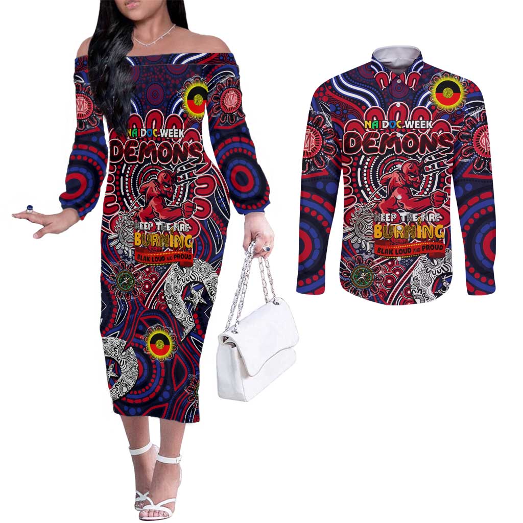 Custom Melbourne Demons NAIDOC Week 2024 Couples Matching Off The Shoulder Long Sleeve Dress and Long Sleeve Button Shirt Mascot Football