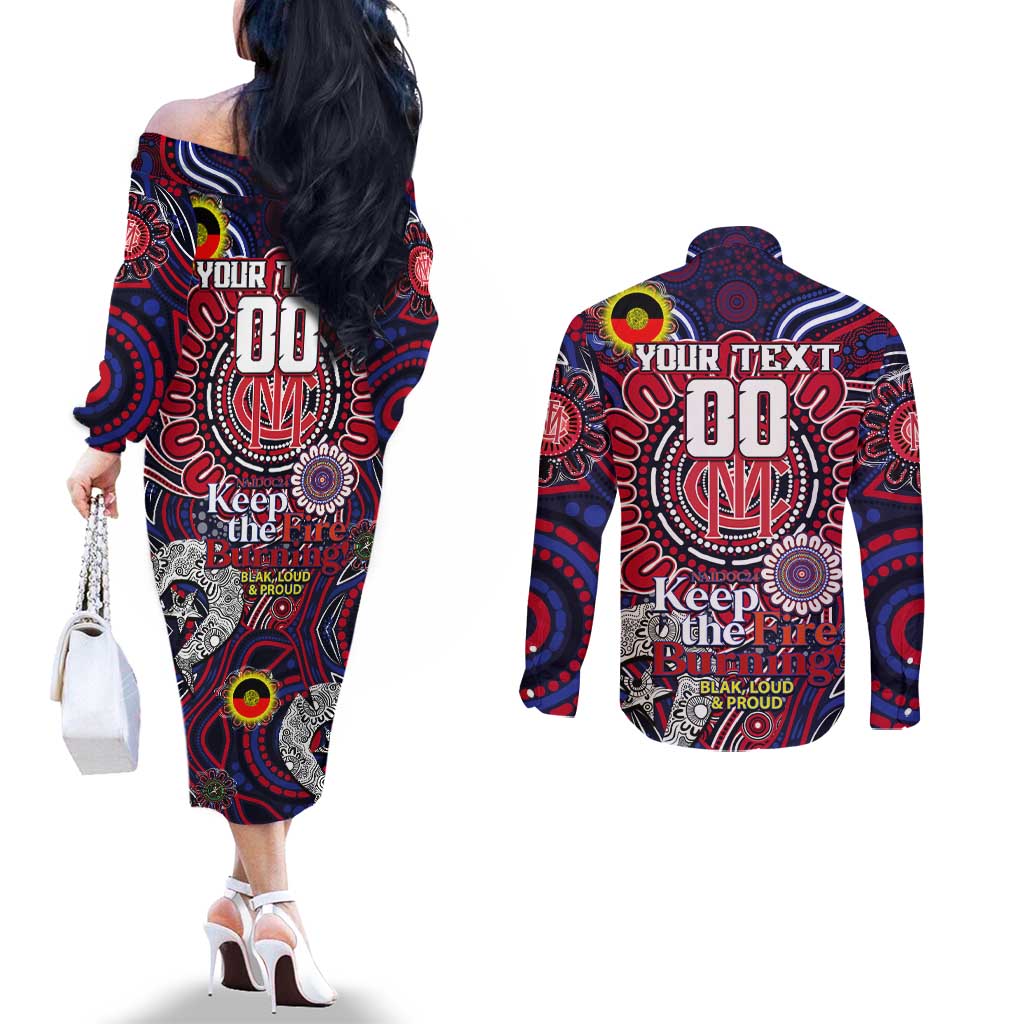Custom Melbourne Demons NAIDOC Week 2024 Couples Matching Off The Shoulder Long Sleeve Dress and Long Sleeve Button Shirt Mascot Football