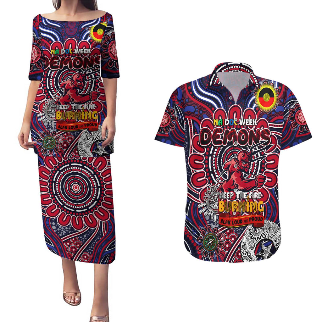 Custom Melbourne Demons NAIDOC Week 2024 Couples Matching Puletasi and Hawaiian Shirt Mascot Football