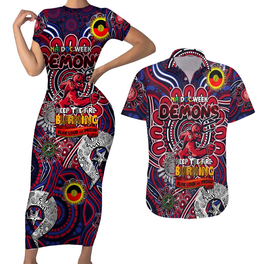 Custom Melbourne Demons NAIDOC Week 2024 Couples Matching Short Sleeve Bodycon Dress and Hawaiian Shirt Mascot Football