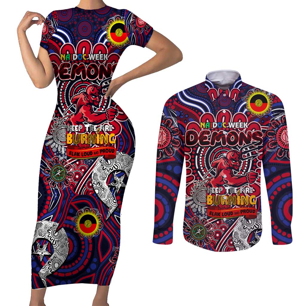 Custom Melbourne Demons NAIDOC Week 2024 Couples Matching Short Sleeve Bodycon Dress and Long Sleeve Button Shirt Mascot Football