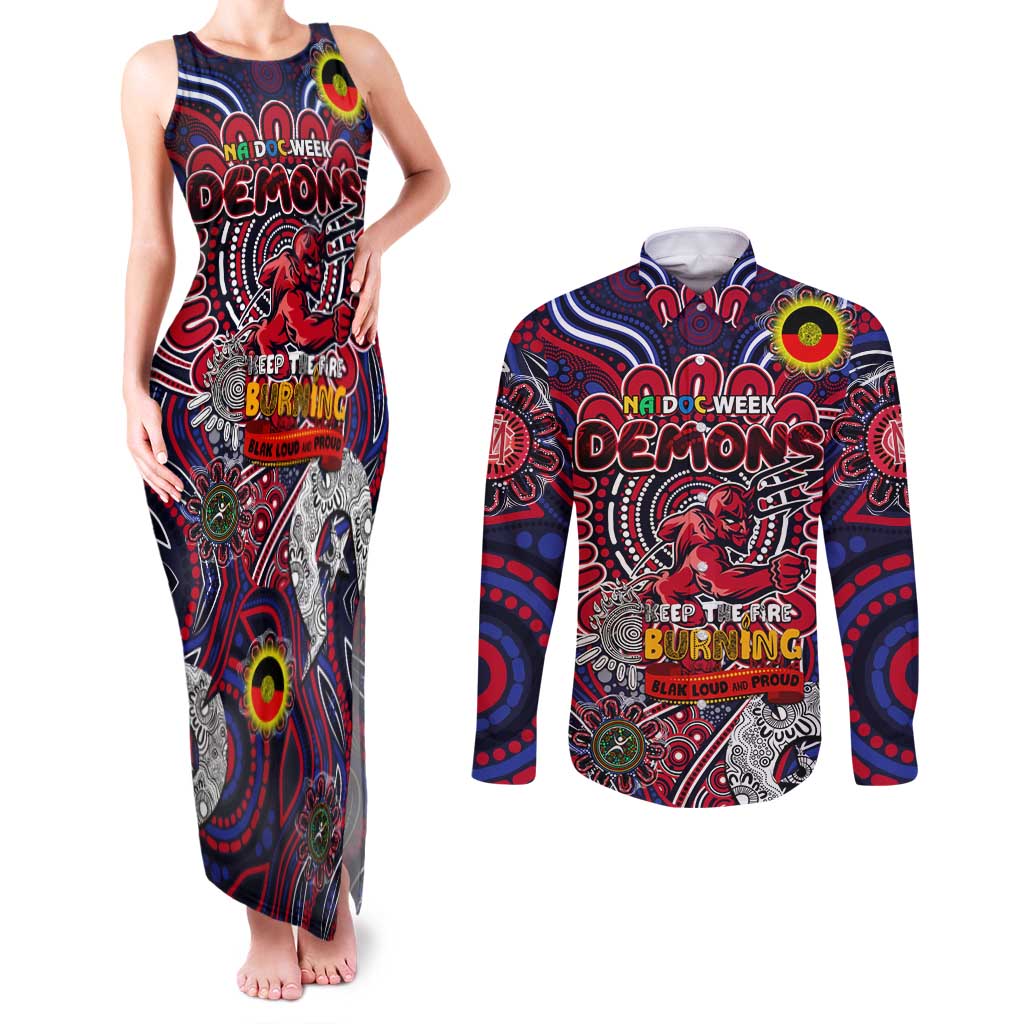 Custom Melbourne Demons NAIDOC Week 2024 Couples Matching Tank Maxi Dress and Long Sleeve Button Shirt Mascot Football
