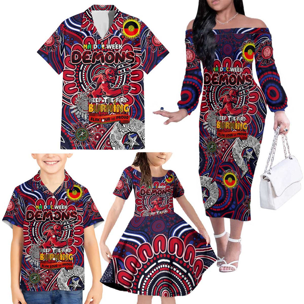 Custom Melbourne Demons NAIDOC Week 2024 Family Matching Off The Shoulder Long Sleeve Dress and Hawaiian Shirt Mascot Football