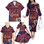 Custom Melbourne Demons NAIDOC Week 2024 Family Matching Off The Shoulder Long Sleeve Dress and Hawaiian Shirt Mascot Football