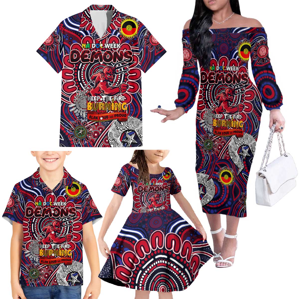 Custom Melbourne Demons NAIDOC Week 2024 Family Matching Off The Shoulder Long Sleeve Dress and Hawaiian Shirt Mascot Football