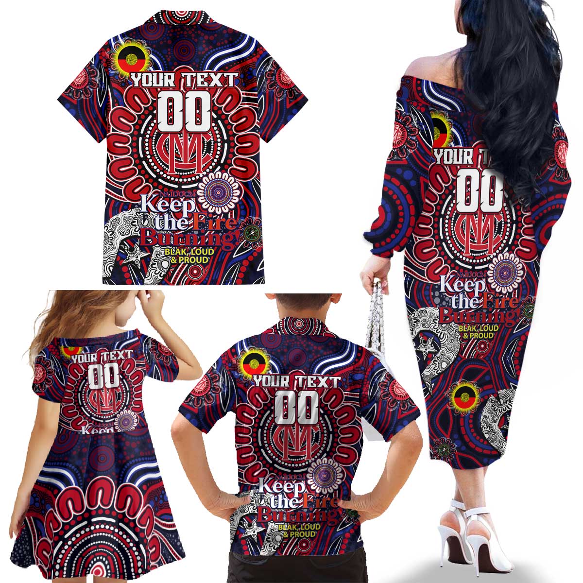 Custom Melbourne Demons NAIDOC Week 2024 Family Matching Off The Shoulder Long Sleeve Dress and Hawaiian Shirt Mascot Football