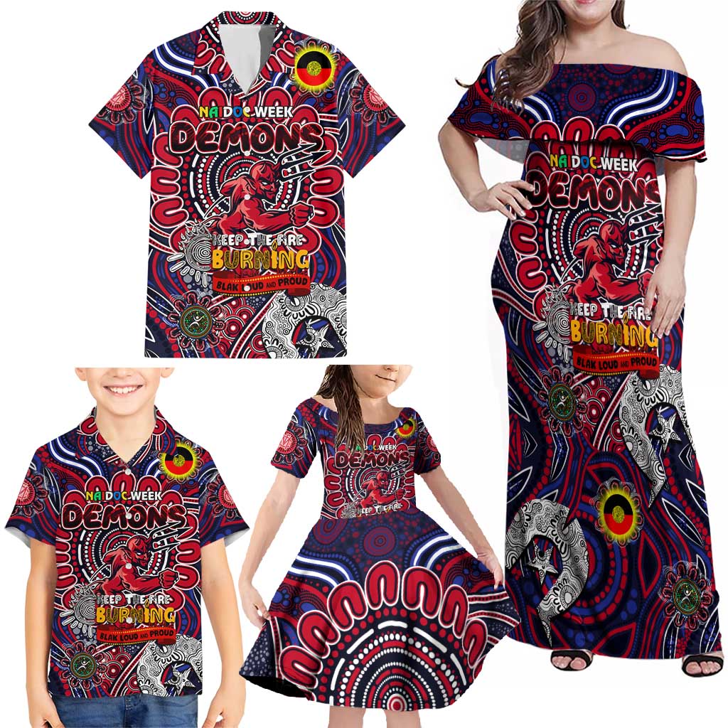 Custom Melbourne Demons NAIDOC Week 2024 Family Matching Off Shoulder Maxi Dress and Hawaiian Shirt Mascot Football