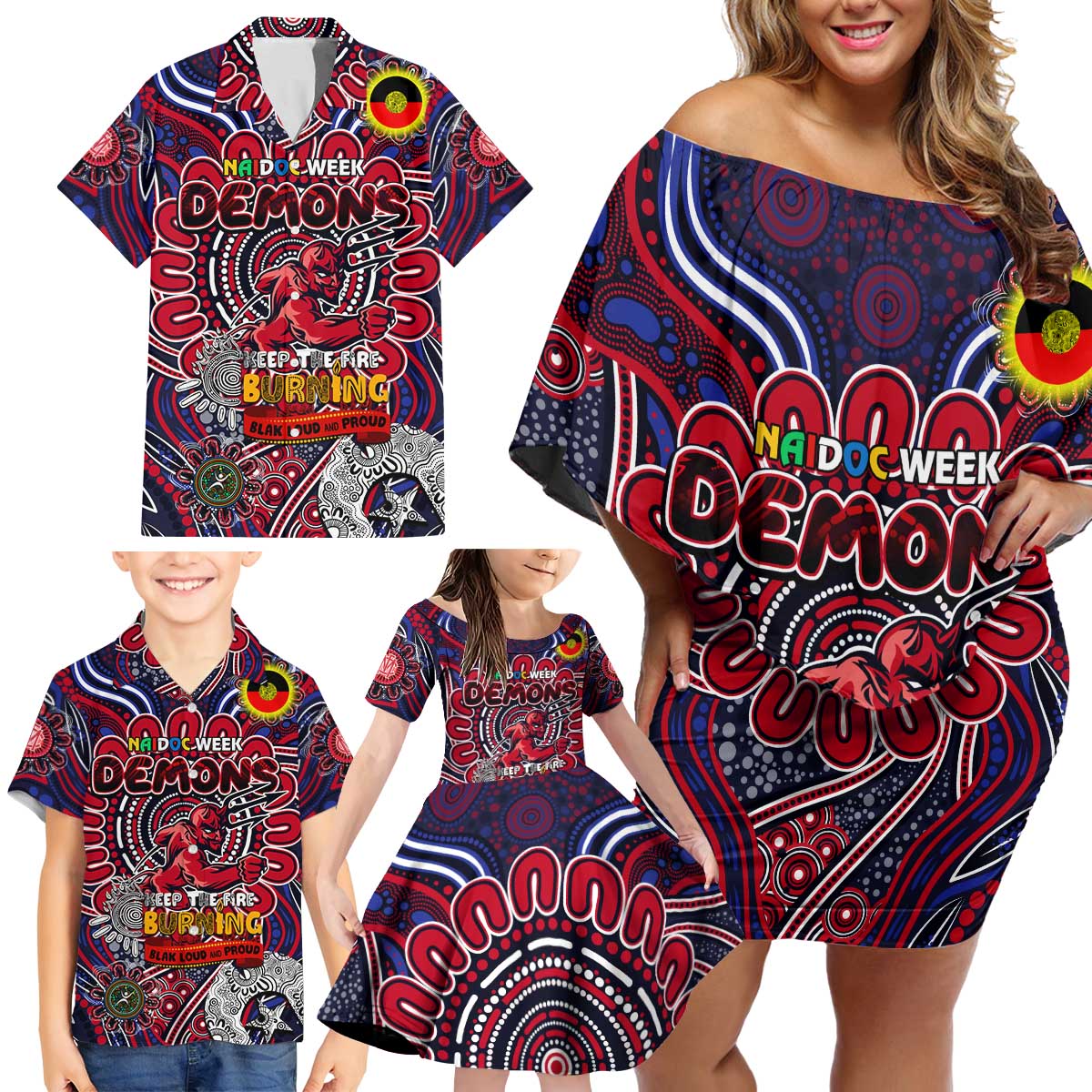 Custom Melbourne Demons NAIDOC Week 2024 Family Matching Off Shoulder Short Dress and Hawaiian Shirt Mascot Football
