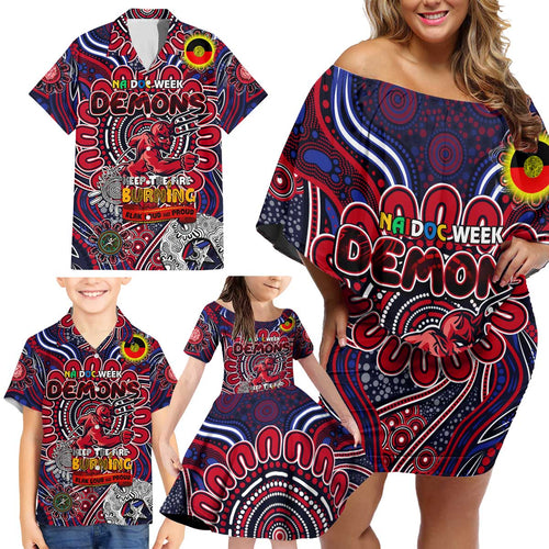 Custom Melbourne Demons NAIDOC Week 2024 Family Matching Off Shoulder Short Dress and Hawaiian Shirt Mascot Football
