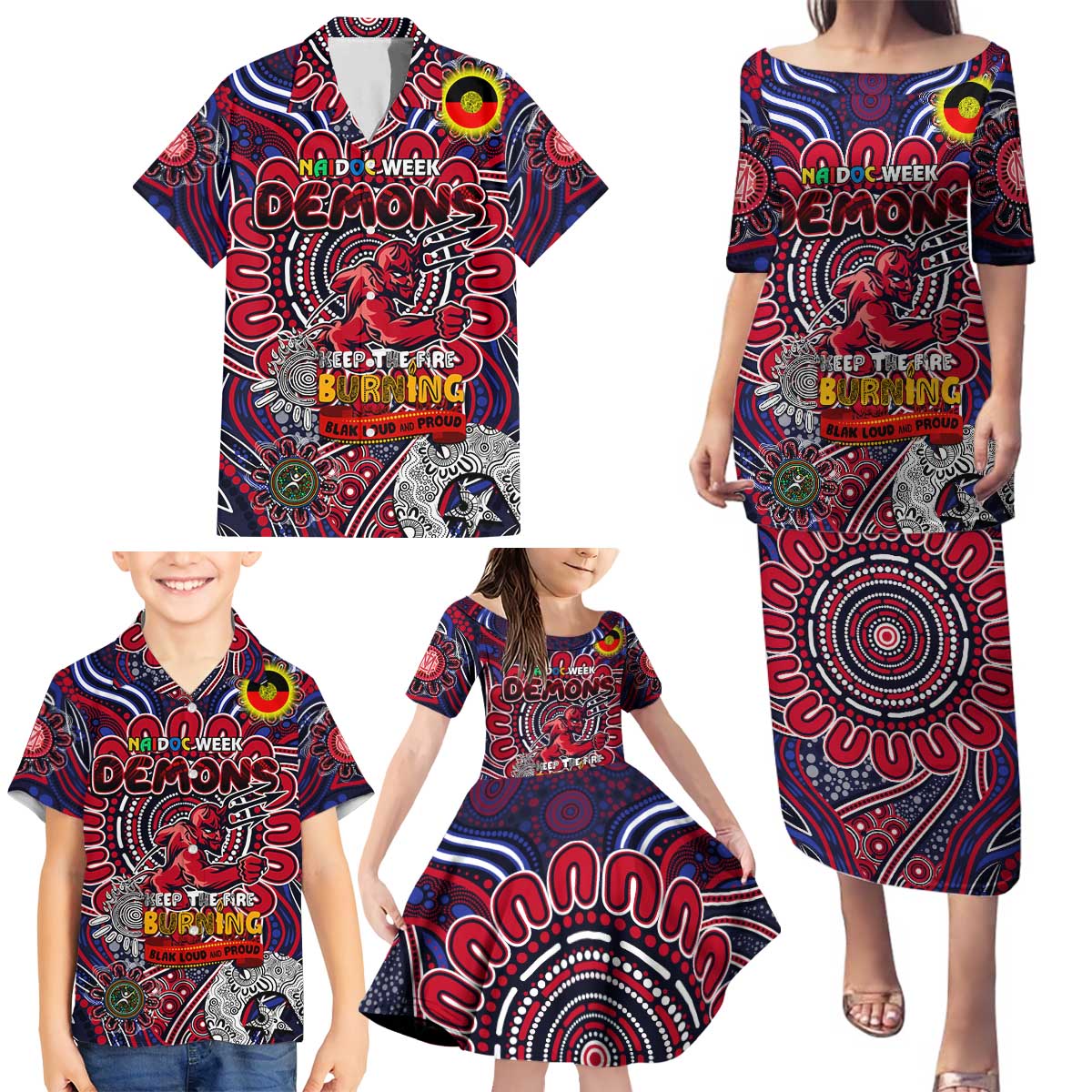 Custom Melbourne Demons NAIDOC Week 2024 Family Matching Puletasi and Hawaiian Shirt Mascot Football