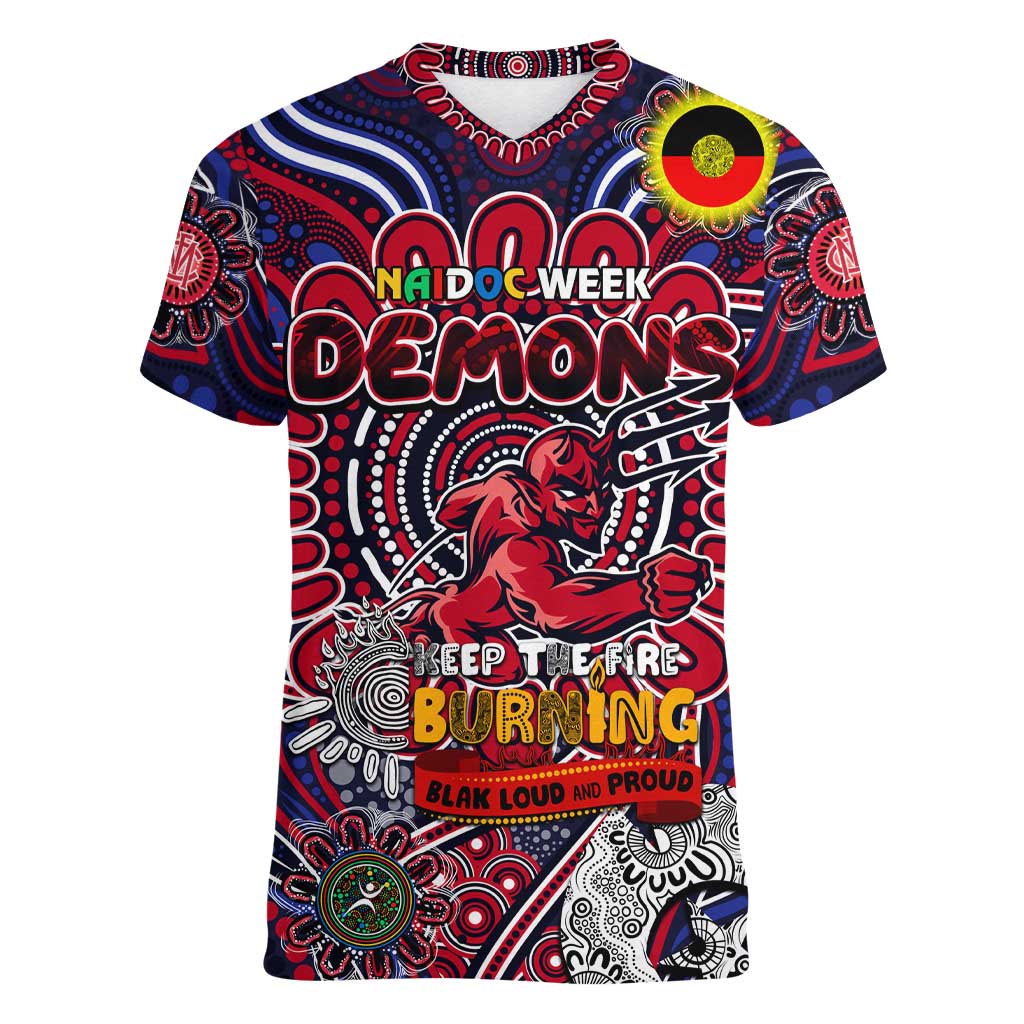 Custom Melbourne Demons NAIDOC Week 2024 Women V-Neck T-Shirt Mascot Football