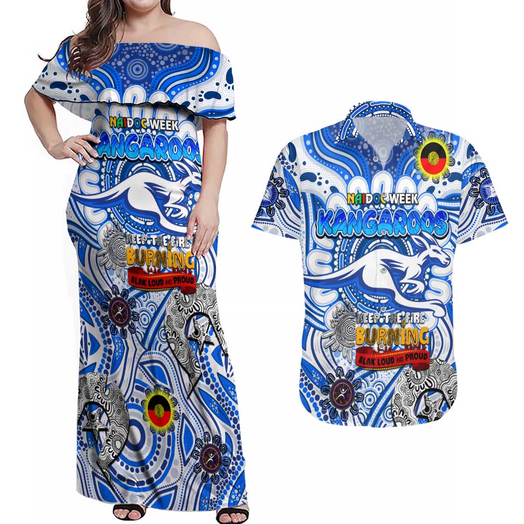 Custom North Melbourne Kangaroos NAIDOC Week 2024 Couples Matching Off Shoulder Maxi Dress and Hawaiian Shirt Mascot Football