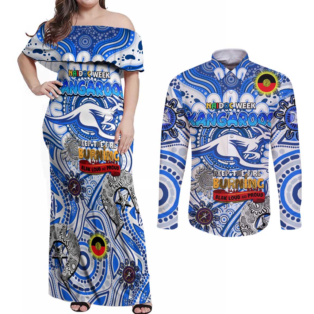 Custom North Melbourne Kangaroos NAIDOC Week 2024 Couples Matching Off Shoulder Maxi Dress and Long Sleeve Button Shirt Mascot Football