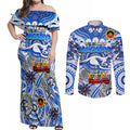 Custom North Melbourne Kangaroos NAIDOC Week 2024 Couples Matching Off Shoulder Maxi Dress and Long Sleeve Button Shirt Mascot Football